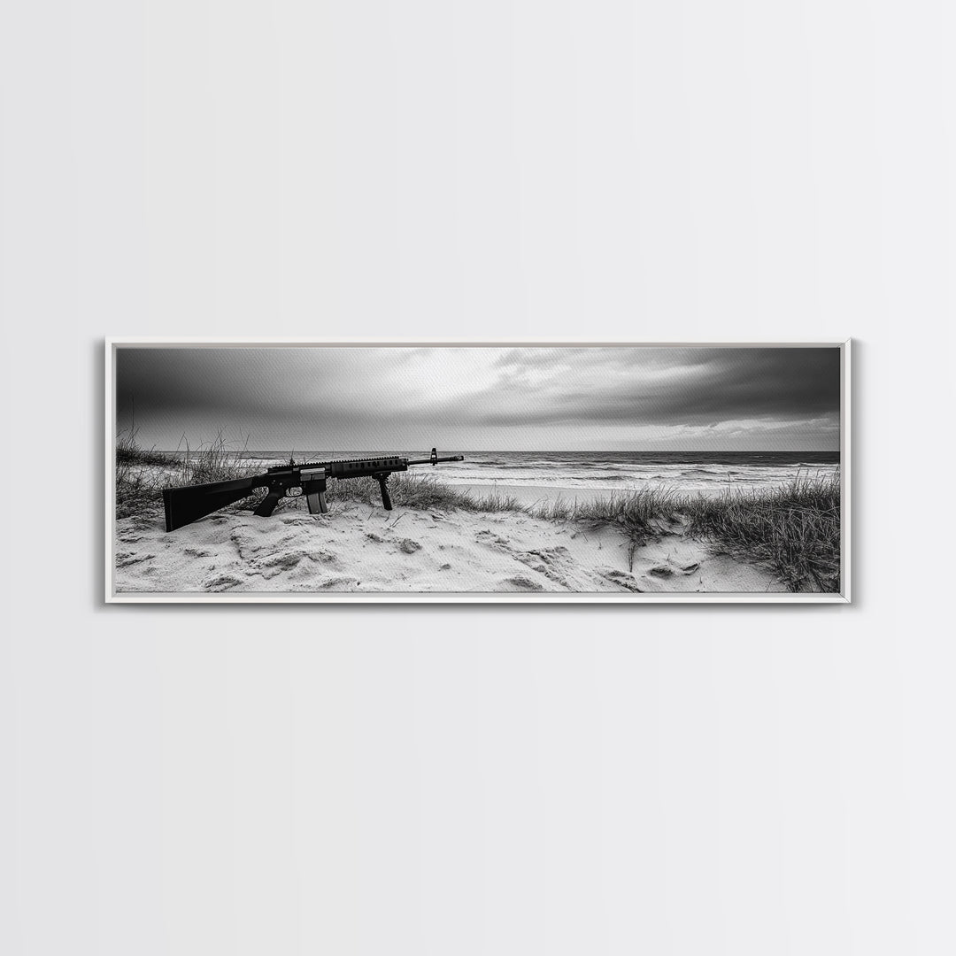 Rifle Seaside Scene, Tactical Still Life, Stormy Beach Mood, Canvas Print, Industrial Wall Art, Dramatic Photography, Masculine Decor