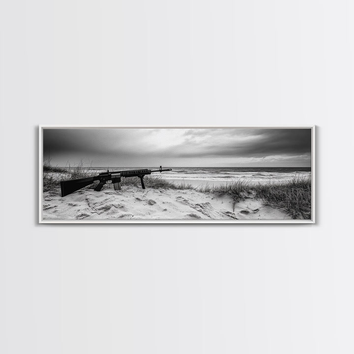 Rifle Seaside Scene, Tactical Still Life, Stormy Beach Mood, Canvas Print, Industrial Wall Art, Dramatic Photography, Masculine Decor