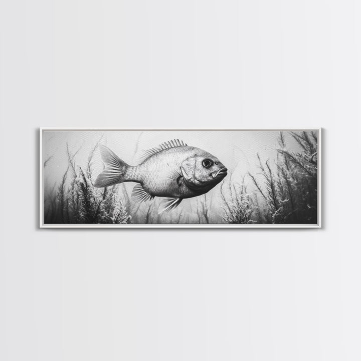 Underwater Fish, Aquatic Life, Marine Habitat, Ocean Depth, Framed Canvas Print, Bathroom Wall Art, Minimalist Nature Art, Sea Creature Decor