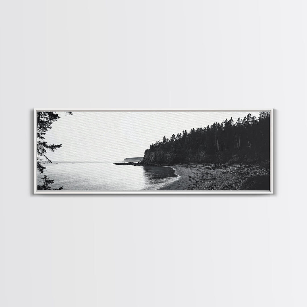 Forest Cliffs, Quiet Bay, Monochrome Coast, Canvas Print, Nature Photography, Modern Rustic Wall Art, Entryway or Office Decor