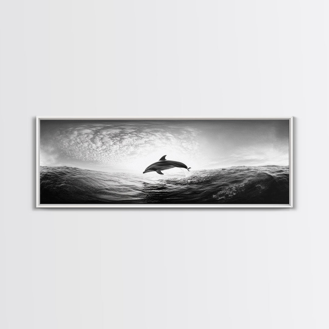 Ocean Dolphin Jump, Seascape Art, Black White Photography, Coastal Wall Decor, Canvas Print, Minimalist Bathroom Wall Art, Nautical Style