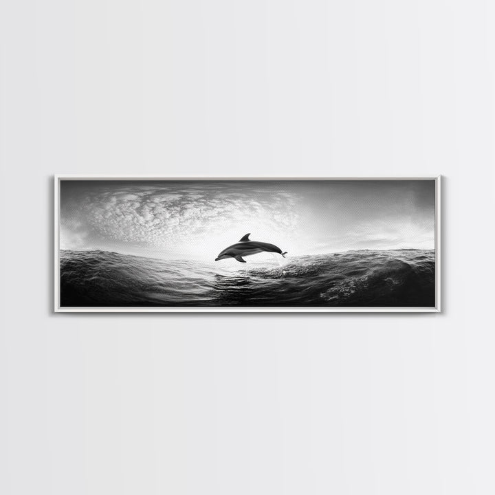 Ocean Dolphin Jump, Seascape Art, Black White Photography, Coastal Wall Decor, Canvas Print, Minimalist Bathroom Wall Art, Nautical Style