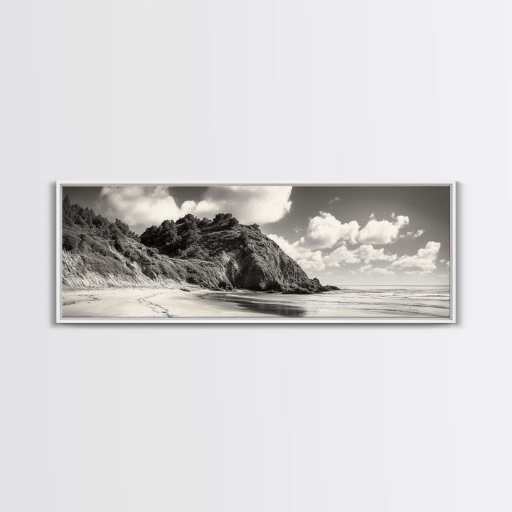 Seaside Cliff, Pine Hills, Sandy Beach, Canvas Print, Coastal Landscape Art, Modern Nature Decor, Beach House Living Room Style