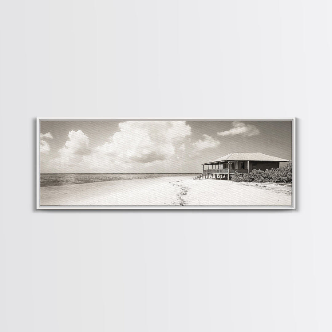 Beach House, Secluded Shore, Calm Waters, Framed Canvas Print, Coastal Wall Art, Minimalist Living Room Decor, Vacation Vibes