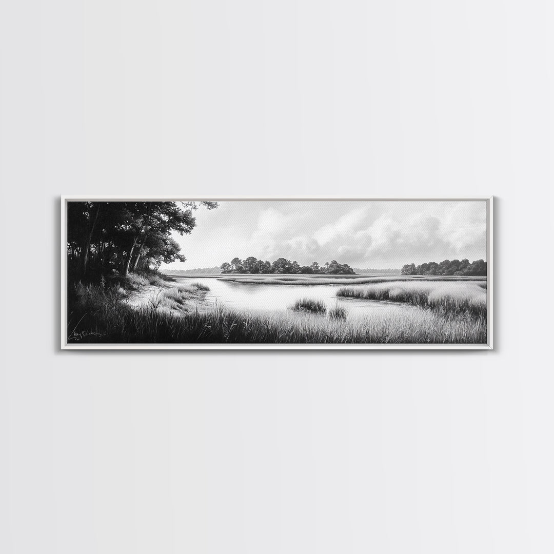 Marsh Scene, Grassy Shore, Tree Lined Path, Canvas Print, Nature Landscape Art, Rustic Cabin Decor, Peaceful Living Room Style