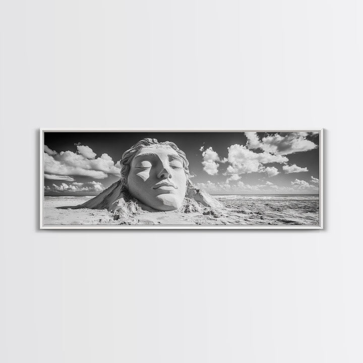 Sand Sculpture Head, Beach Goddess, Coastal Calm, Surreal Beauty, Framed Canvas Print, Modern Wall Art, Living Room Decor, Minimalist Art