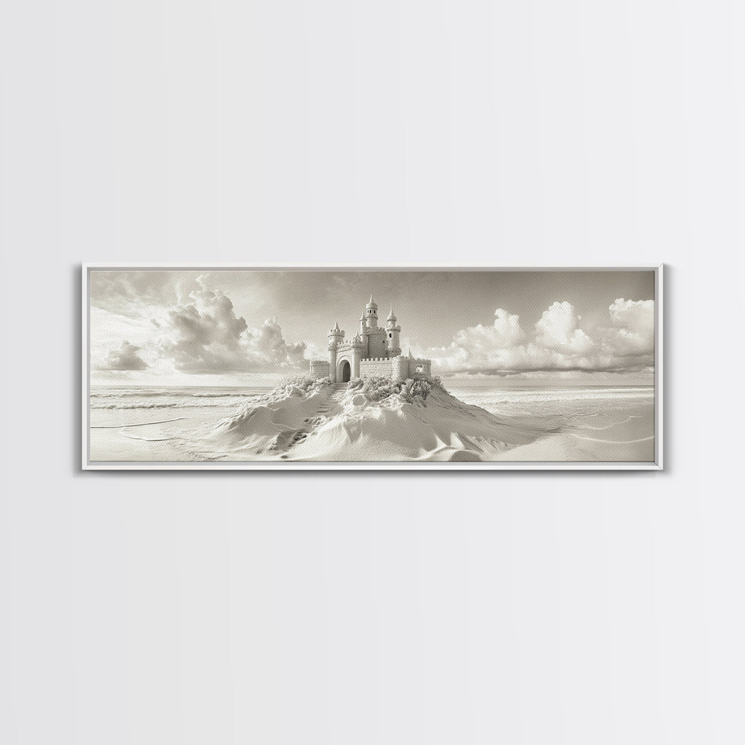 Fantasy Sand Castle, Seaside Kingdom, Dreamy Beach Scene, Magical Vibes, Framed Canvas Print, Kids Room Art, Whimsical Decor, Coastal Theme