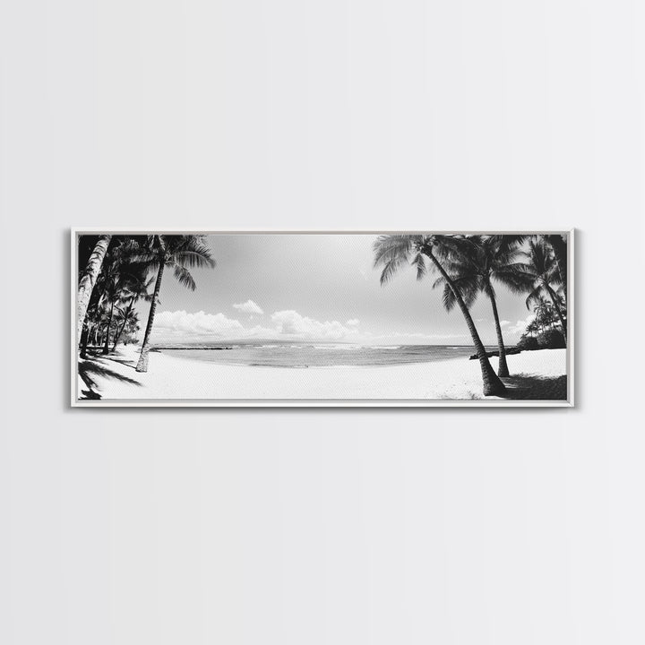 Tropical Beach Scene, Palm Tree Horizon, Ocean Serenity, Island Life, Framed Canvas Print, Coastal Wall Art, Living Room Decor, Minimalist Vibe