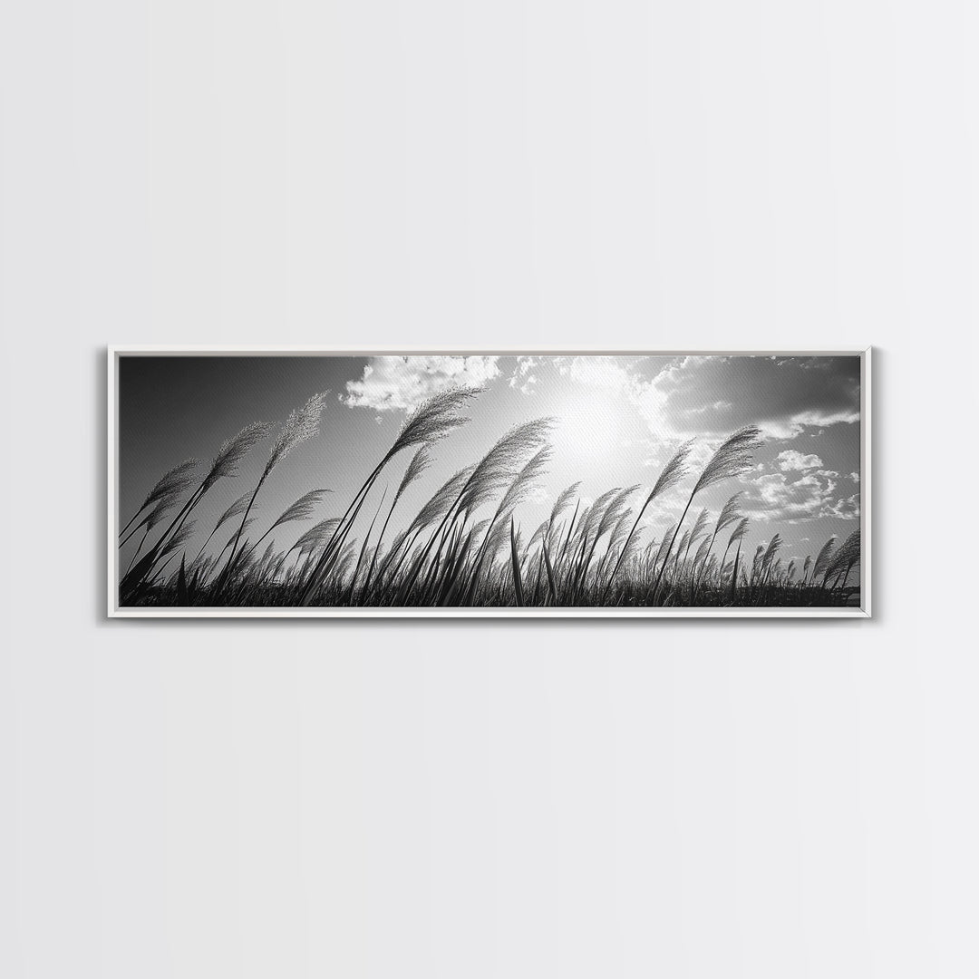 Windy Grass Field, Sunlit Sky, Nature Movement, Prairie Glow, Framed Canvas Print, Fall Wall Art, Living Room Decor, Boho Rustic Aesthetic