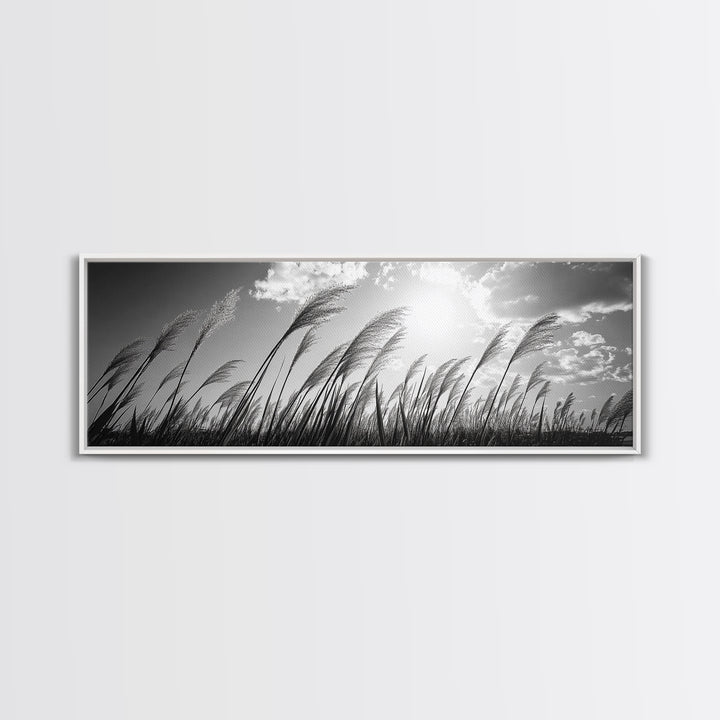 Windy Grass Field, Sunlit Sky, Nature Movement, Prairie Glow, Framed Canvas Print, Fall Wall Art, Living Room Decor, Boho Rustic Aesthetic