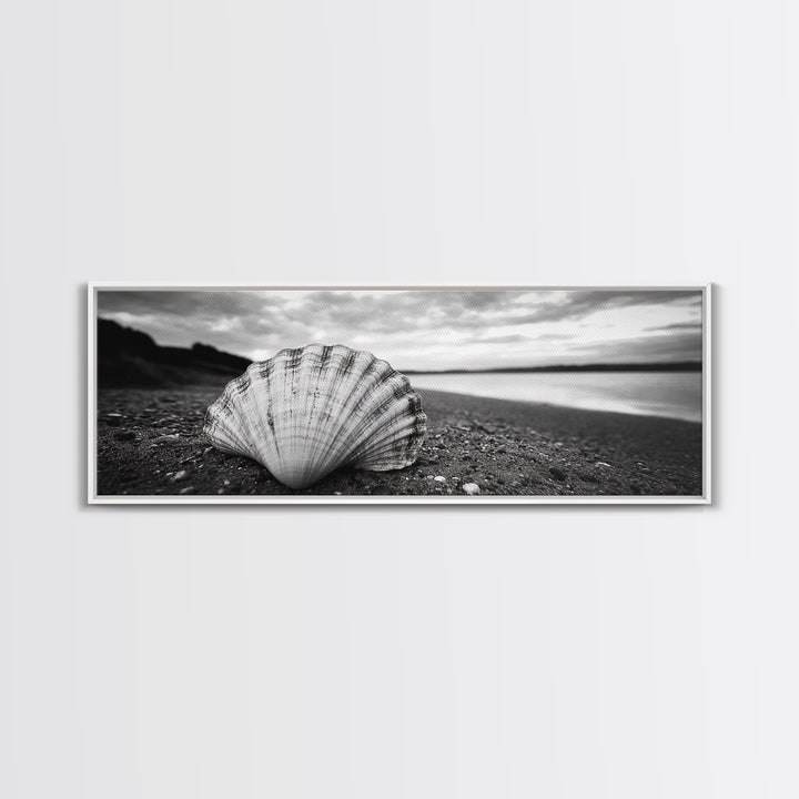 Shell on Shore, Monochrome Coastal, Canvas Print, Boho Wall Art, Bathroom Wall Decor, Natural Beach Aesthetic, Ocean Inspired Art