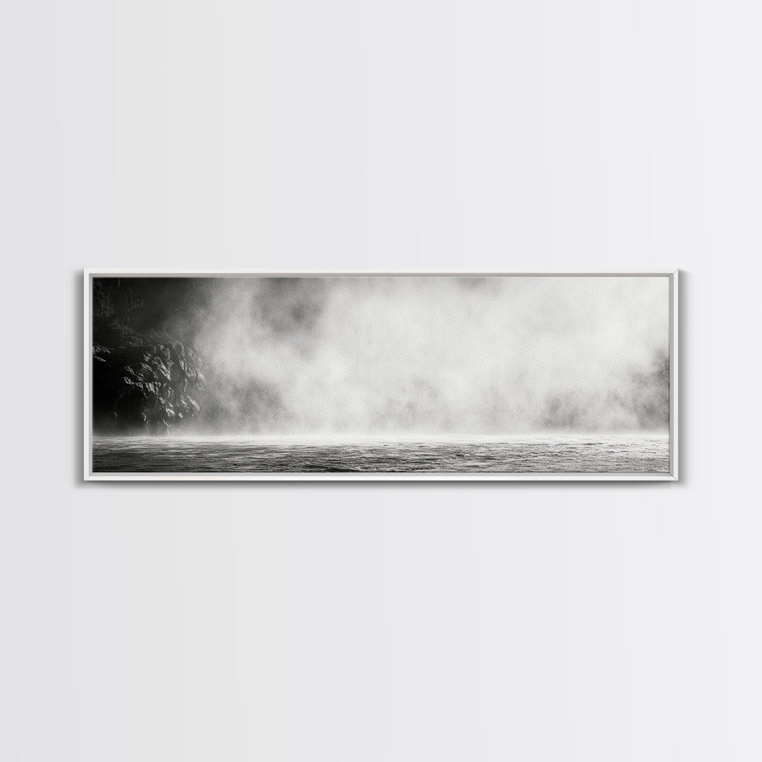 Waterfall Mist Scene, Nature Wall Decor, Canvas Print, Modern Minimalist Art, Neutral Tones, Living Room Wall Art, Black White Landscape