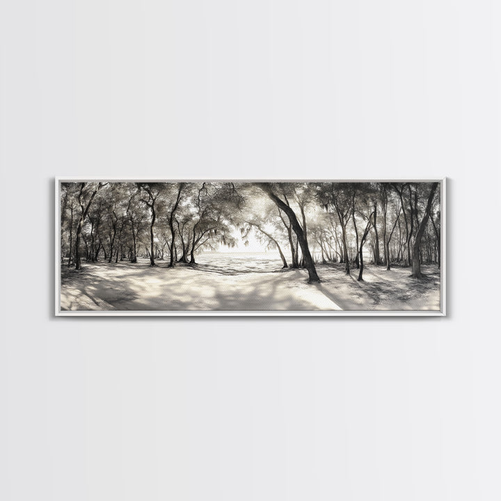 Dreamy Beach Forest, Sepia Trees, Canvas Print, Nature Wall Decor, Fall Bedroom Art, Rustic Woodland Landscape, Tree Shadow Light
