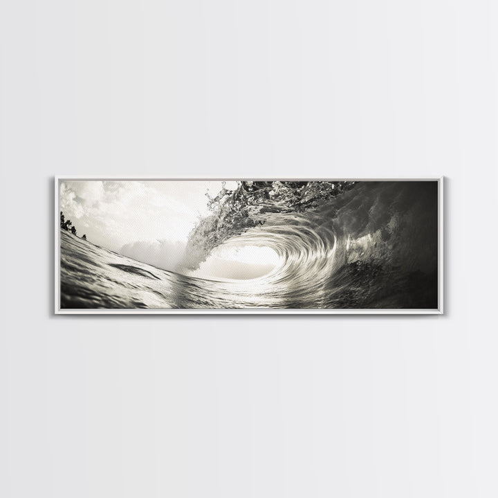 Ocean Barrel Wave, Surf Photography, Coastal Decor, Sepia Framed Canvas Print, Modern Beach House Bathroom or Living Room Wall Art