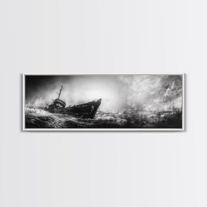 Abandoned Shipwreck Storm, Dark Sea Drama, Grunge Nautical Art, Framed Canvas Print, Industrial Office or Man Cave Wall Decor