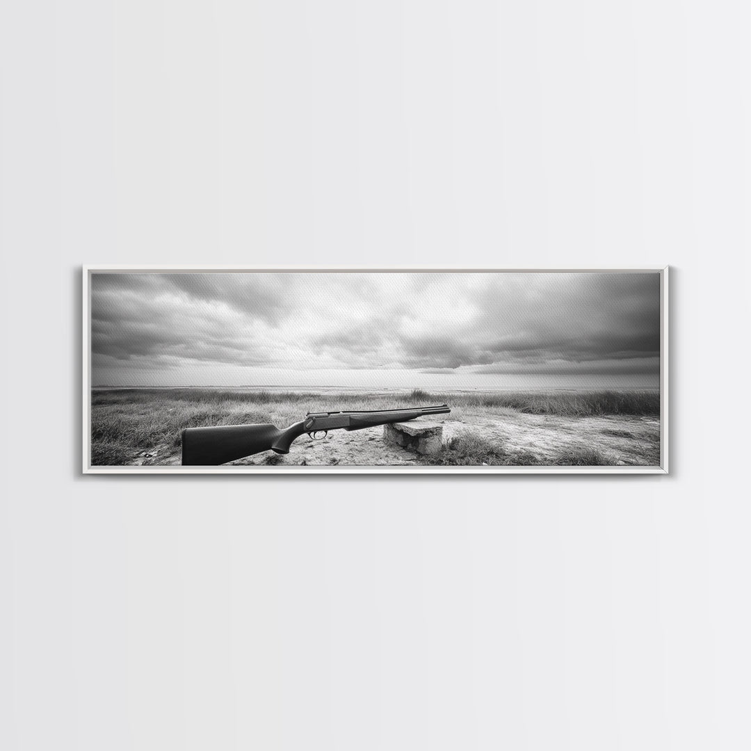 Coastal Rifle Scene, Outdoorsman Decor, Field and Sky Black and White Framed Canvas Print, Autumn Cabin or Lodge Wall Art