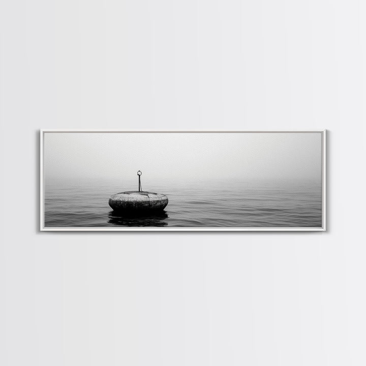 Solitary Sea Buoy, Calm Ocean View, Black White Minimalist, Nautical Canvas Print, Peaceful Coastal Wall Art, Bedroom Decor