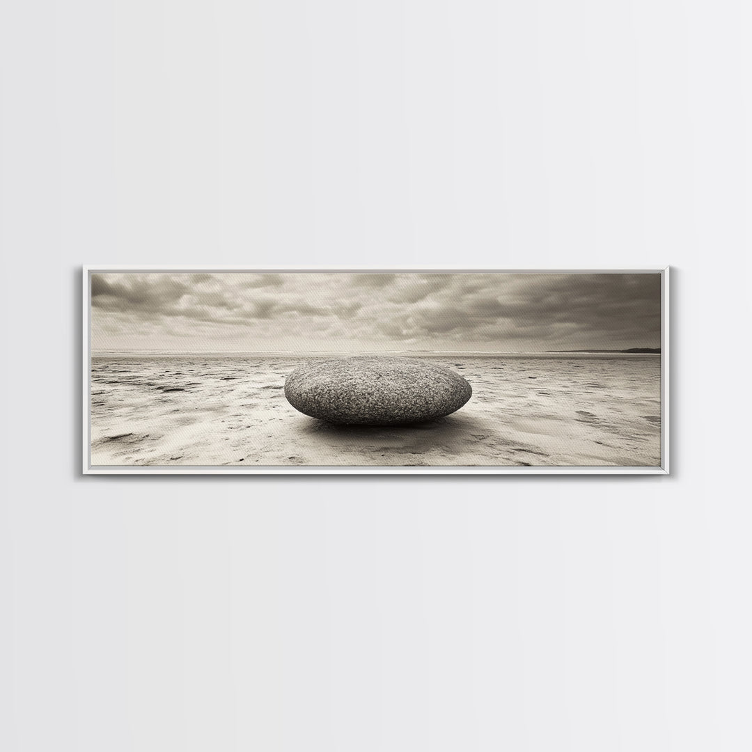 Round Beach Boulder, Serene Shore, Natural Simplicity, Neutral Toned Framed Canvas Print, Minimalist Living Room or Yoga Wall Art