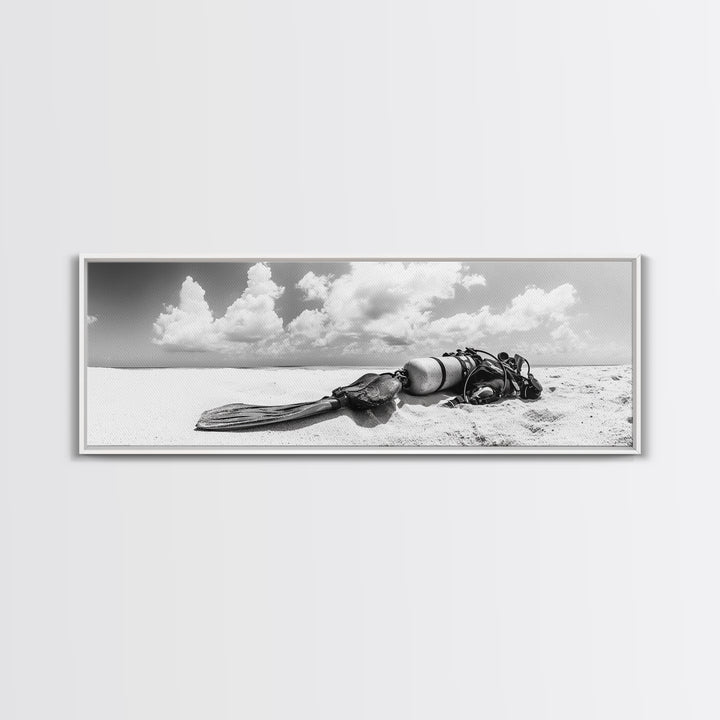 Scuba Gear, Deserted Beach, Ocean Explorer, Framed Canvas Print, minimalist beach decor, scuba diver gift, ocean wall art, travel lover art