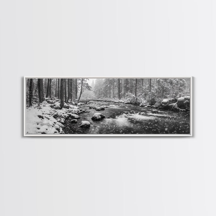 River Stream, Snow Forest, Winter Tranquility, Canvas Print, cozy cabin art, hygge home decor, Christmas wall art, woodland minimalist art