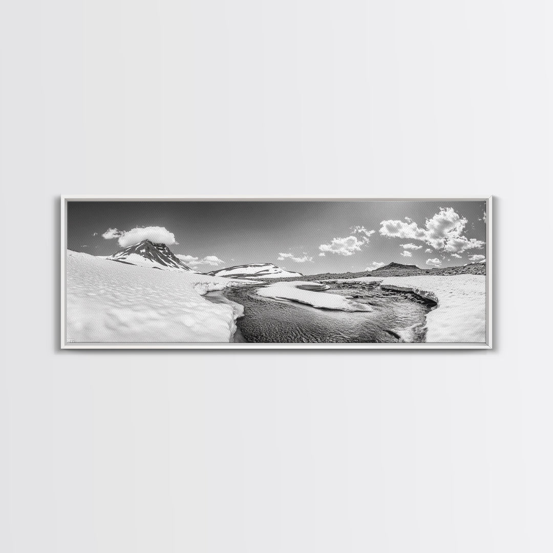 Arctic Stream, Mountain Snow, Clear Sky, Framed Canvas Print, Scandinavian decor, nature wall art, winter bedroom print, cool color tones