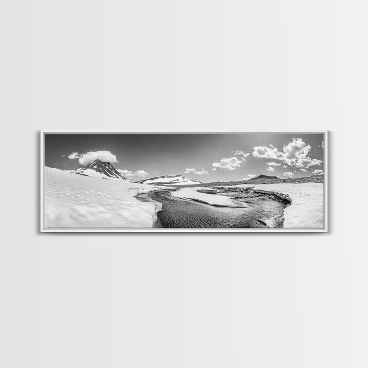 Arctic Stream, Mountain Snow, Clear Sky, Framed Canvas Print, Scandinavian decor, nature wall art, winter bedroom print, cool color tones