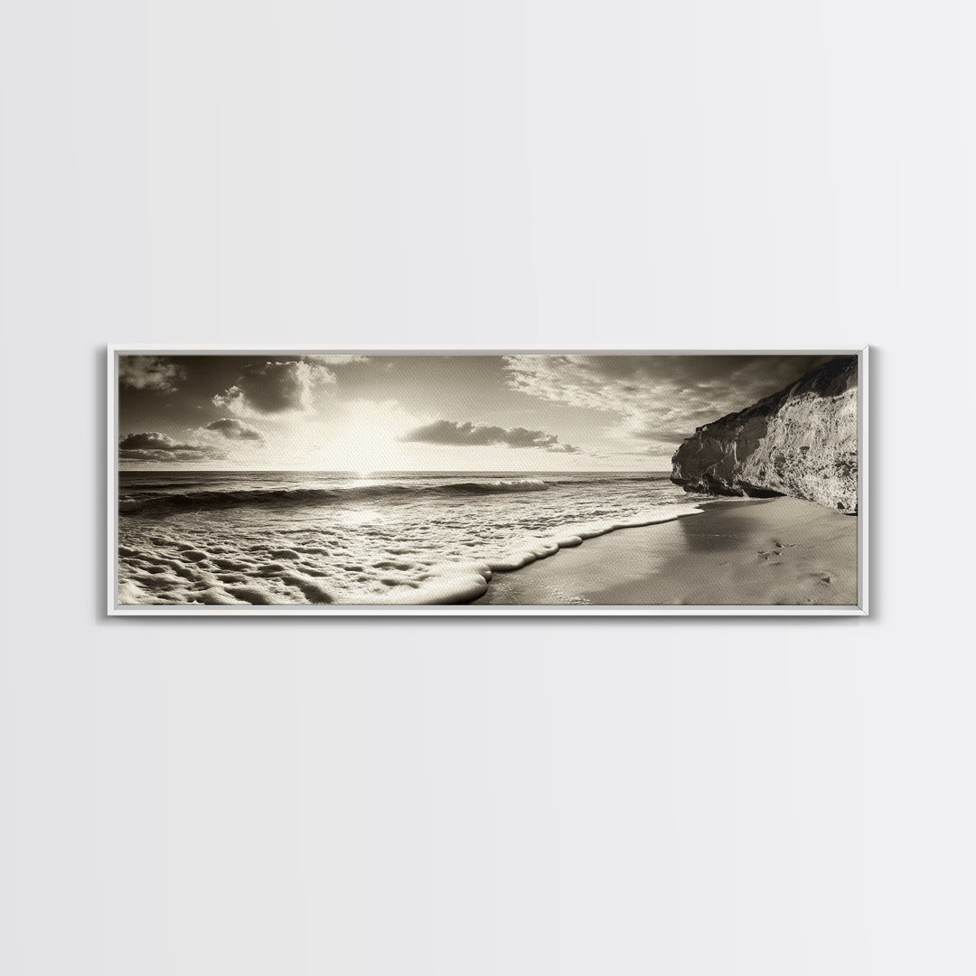 Cliff Coastline, Ocean Sunset, Beach Waves, Framed Canvas Print, seascape wall art, coastal bedroom decor, relaxing nature vibe, neutral art