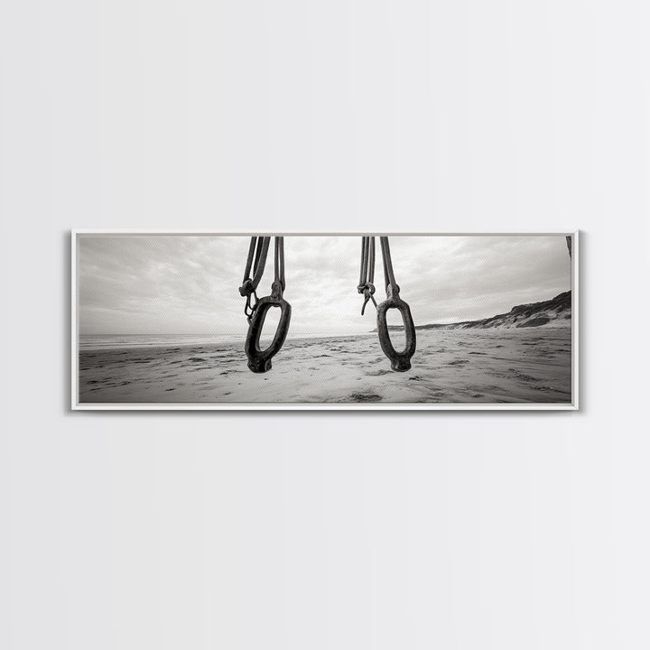 Nautical Swing, Beach Ropes, Seaside Minimalism, Canvas Print, black and white beach decor, coastal hallway wall art, maritime rustic style