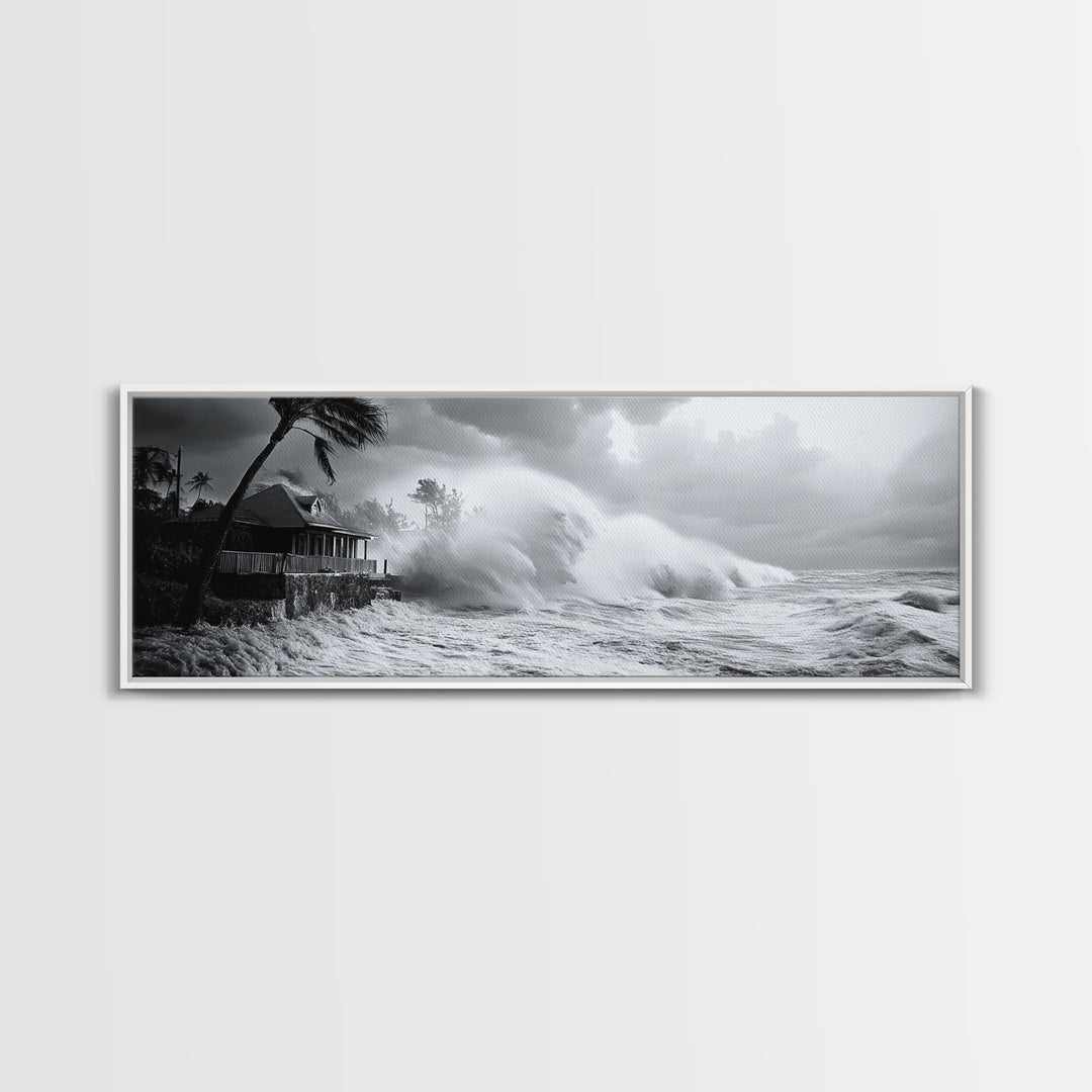 Stormy Waves, Ocean Fury, Tropical Housefront, Canvas Print, dramatic coastal decor, fall storm wall art, modern living room statement