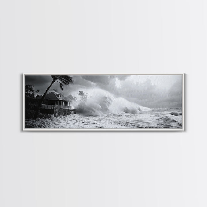 Stormy Waves, Ocean Fury, Tropical Housefront, Canvas Print, dramatic coastal decor, fall storm wall art, modern living room statement