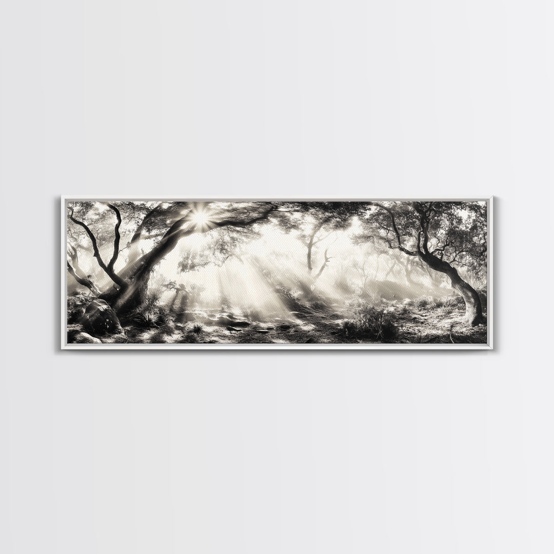 Enchanted Forest, Sunlight Rays, Dreamy Woodland, Framed Canvas Print, boho nature decor, spiritual wall art, bedroom forest scene