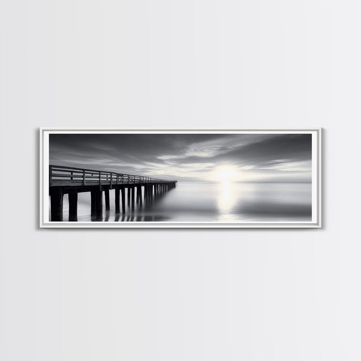 Ocean Pier, Tranquil Horizon, Serene Seascape, Framed Canvas Print, black and white beach wall art, bedroom coastal minimalism