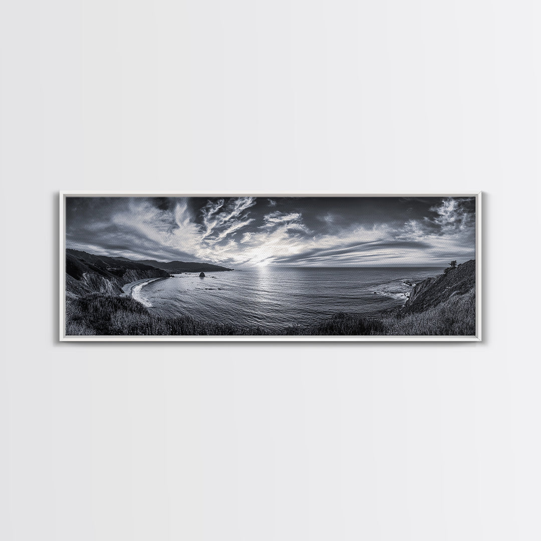 Cloudy Horizon, Wide Ocean View, Coastal Cliffs, Framed Canvas Print, dramatic seascape wall art, coastal kitchen decor, black and white