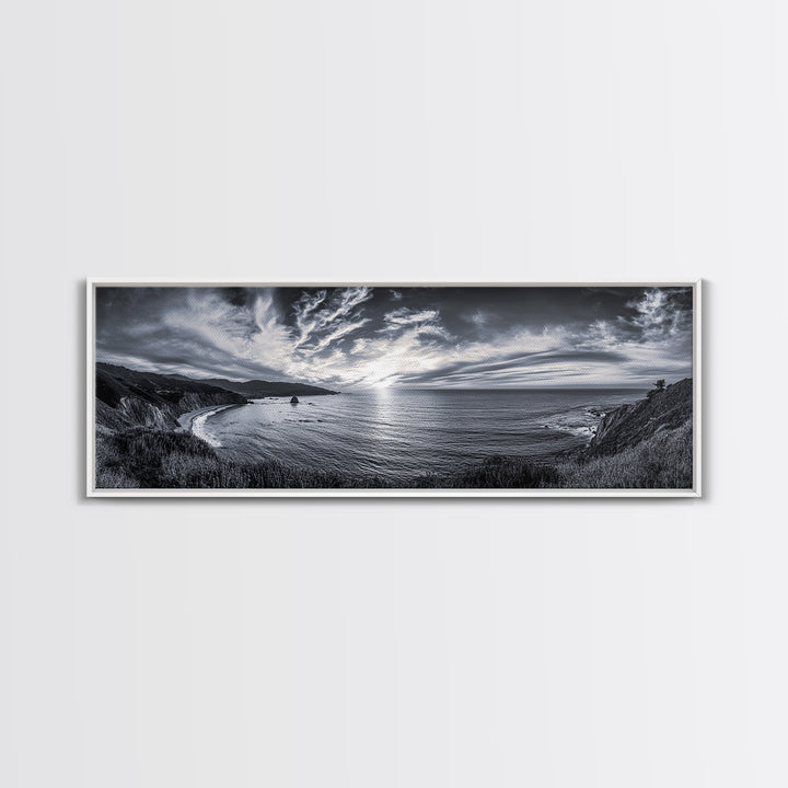 Cloudy Horizon, Wide Ocean View, Coastal Cliffs, Framed Canvas Print, dramatic seascape wall art, coastal kitchen decor, black and white