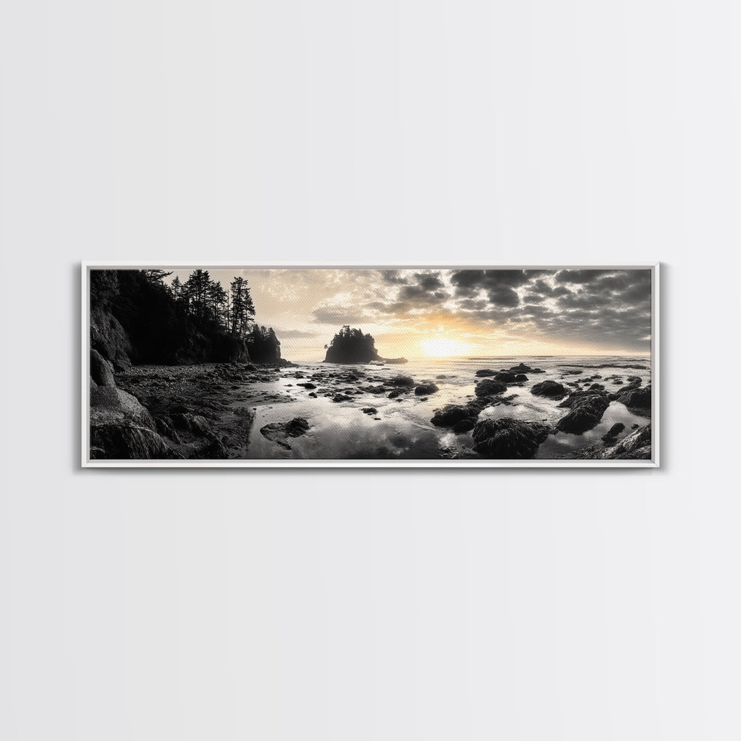 Sunset Shoreline, Moody Rocks, Forested Coast, Framed Canvas Print, nature lover gift, fall coastal art, rustic bathroom wall decor