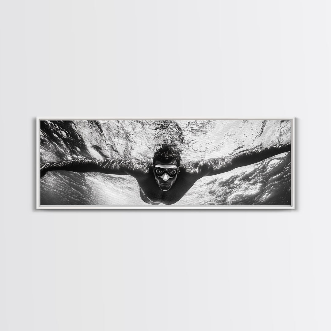 Underwater Swim, Black White Diver, Ocean Exploration, Canvas Print, modern bathroom wall art, sporty fitness vibe, minimalist ocean style