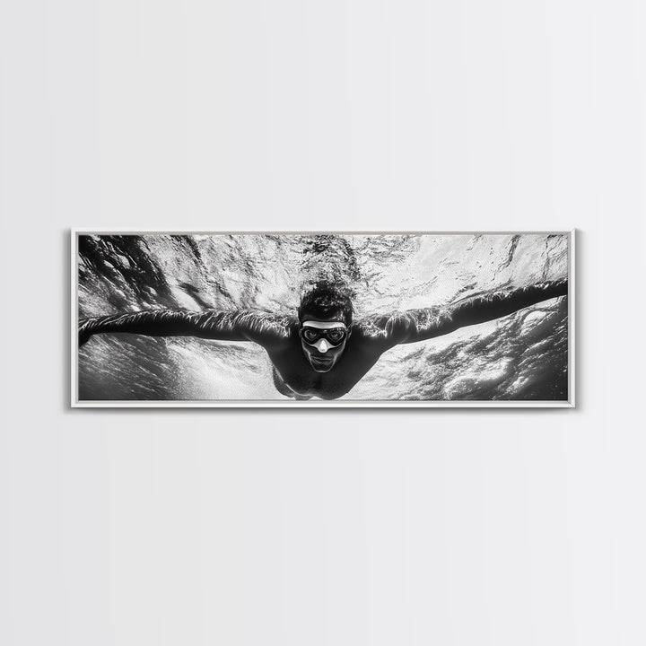 Underwater Swim, Black White Diver, Ocean Exploration, Canvas Print, modern bathroom wall art, sporty fitness vibe, minimalist ocean style