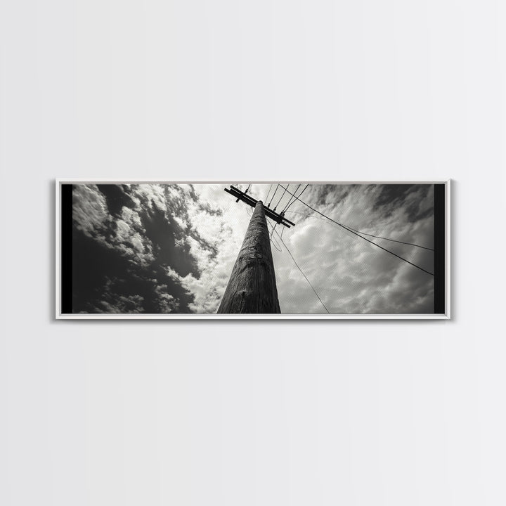 Utility Pole Sky, Urban Minimalism, Power Lines, Framed Canvas Print, Industrial Wall Art, Office Decor, Monochrome Photography