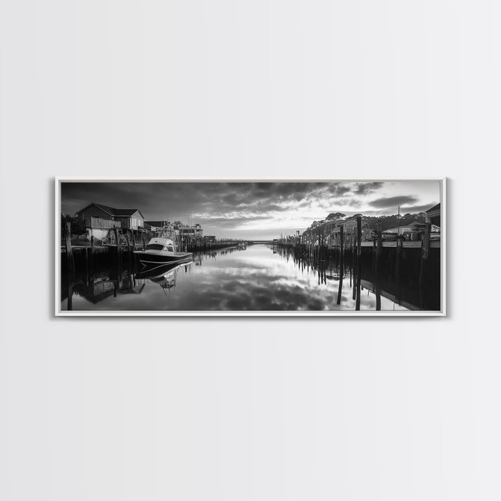 Fishing Dock, Quiet Marina, Waterside Village, Canvas Print, Nautical Wall Art, Lake House Decor, Black and White Photography