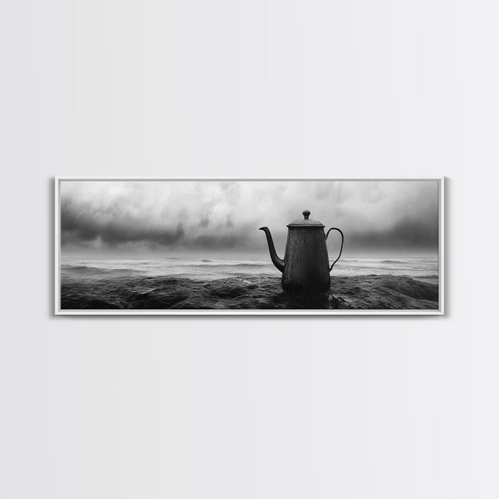Coastal Teapot Still, Nautical Decor, Ocean Photography, Minimalist Kitchen Art, Canvas Print, Monochrome Style, Beach House Art