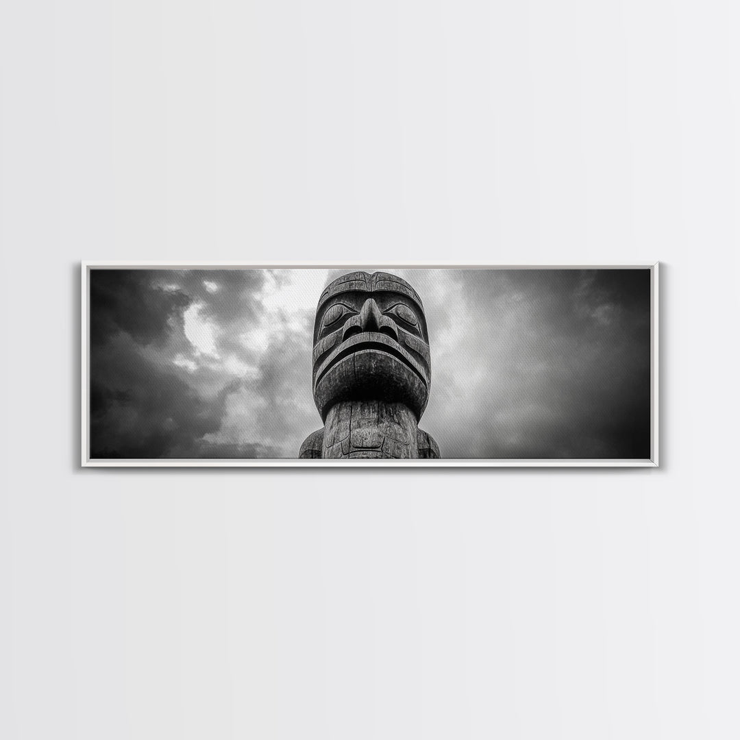 Tribal Totem Head, Cultural Wall Art, Primitive Sculpture Print, Monochrome Decor, Canvas Print, Office or Study Accent