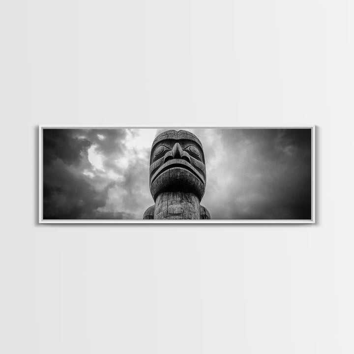 Tribal Totem Head, Cultural Wall Art, Primitive Sculpture Print, Monochrome Decor, Canvas Print, Office or Study Accent