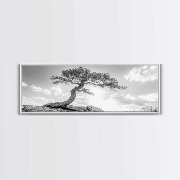 Lone Curved Tree, Zen Nature Print, Minimalist Landscape, Calming Decor, Framed Canvas Print, Bedroom Wall Statement