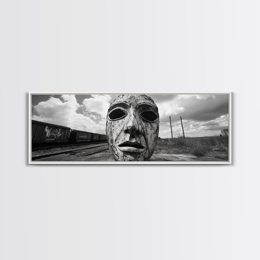 Abandoned Train Mask, Urban Surrealism, Monochrome Street Art, Modern Edgy Decor, Framed Canvas Print, Industrial Room Style