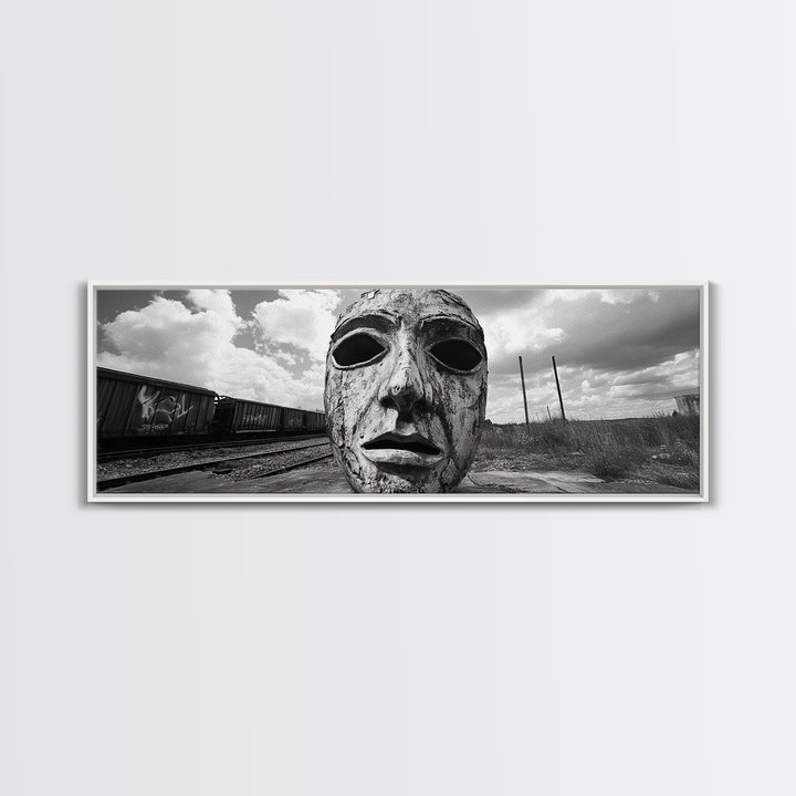 Abandoned Train Mask, Urban Surrealism, Monochrome Street Art, Modern Edgy Decor, Framed Canvas Print, Industrial Room Style