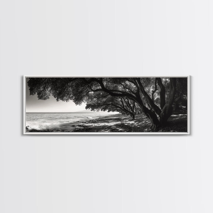 Ocean Trees, Shoreline Light, Majestic Forest, Beach Scene, Framed Canvas Print, Boho Wall Decor, Bedroom Art, Zen Coastal Artwork