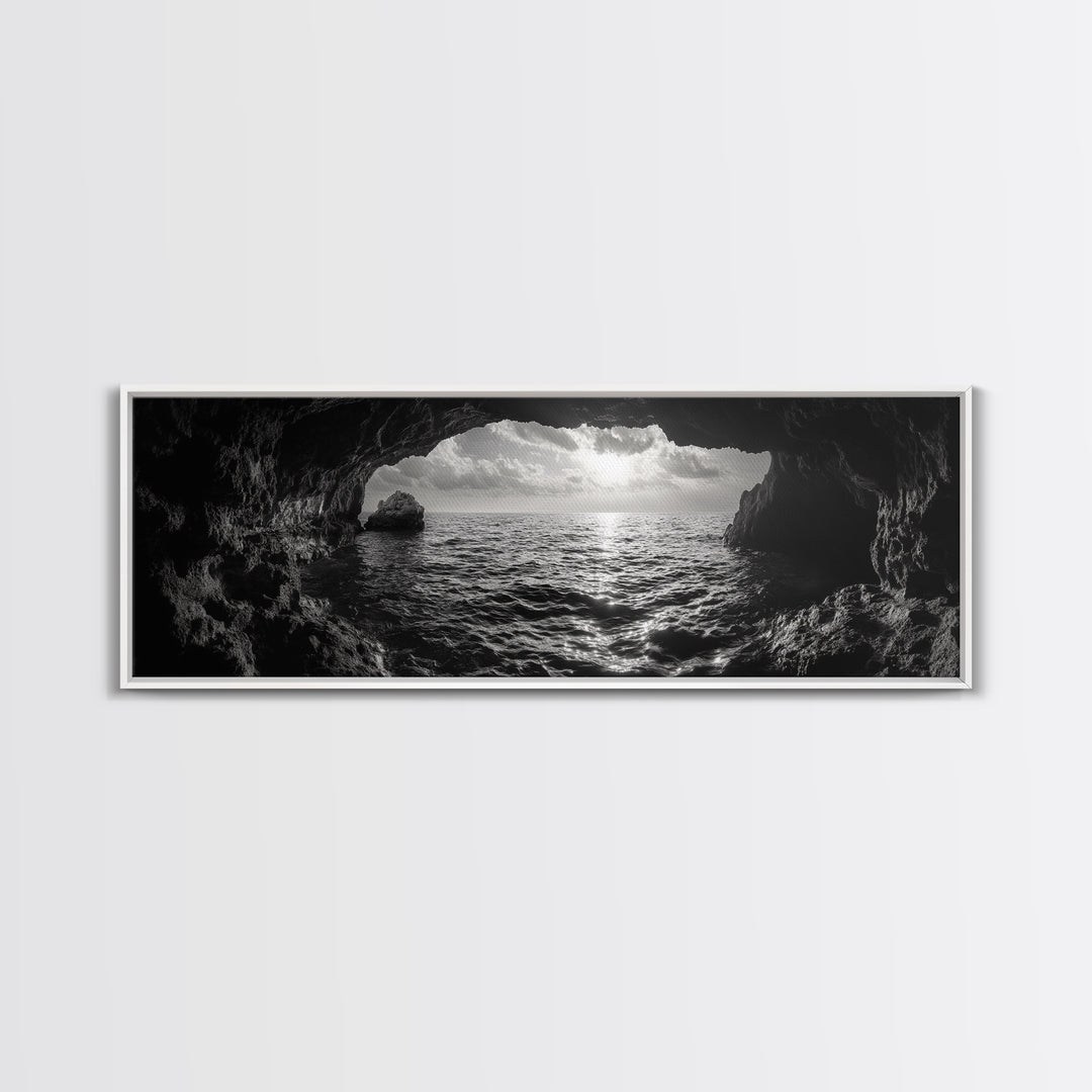 Ocean Cave, Horizon View, Seascape Tunnel, Sunset Waters, Framed Canvas Print, Coastal Bathroom Art, Nature Lover Gift, Minimal Decor