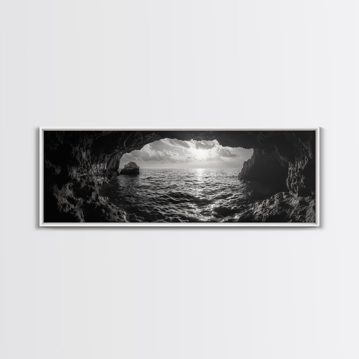 Ocean Cave, Horizon View, Seascape Tunnel, Sunset Waters, Framed Canvas Print, Coastal Bathroom Art, Nature Lover Gift, Minimal Decor