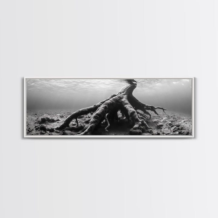 Ancient Roots, Submerged Tree, Nature Photography, Black and White, Canvas Print, Minimalist Underwater Art, Office Wall Art, Moody Decor