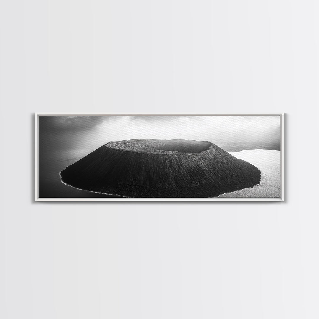 Island Volcano, Crater View, Aerial Landscape, Coastal Photography, Canvas Print, Nature Wall Decor, Bedroom Art, Monochrome Landscape